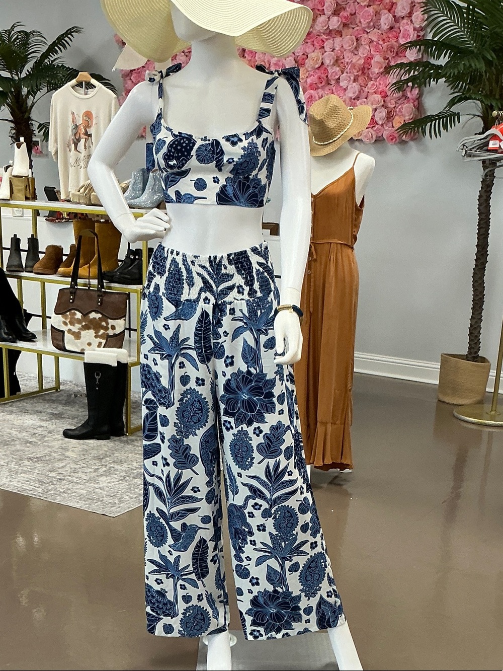 Cider Blue & White Floral Tie-Shoulder Crop Top with Wide-Leg Pants
